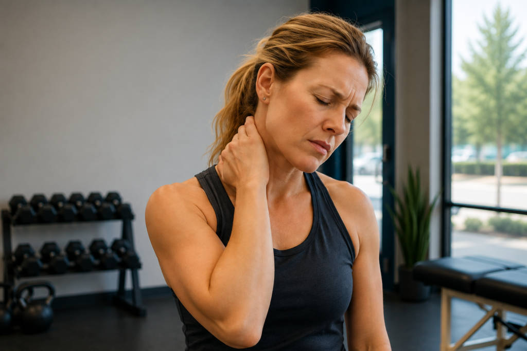 Active female holding her neck in pain.