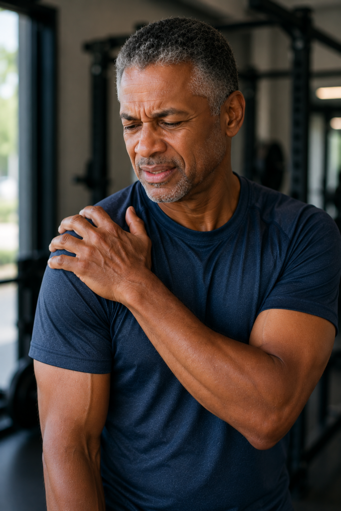 Active male in his 50's holding his shoulder in pain