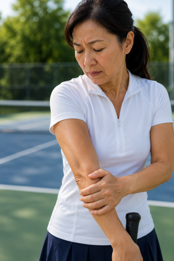 Female tennis player holding her elbow in pain.
