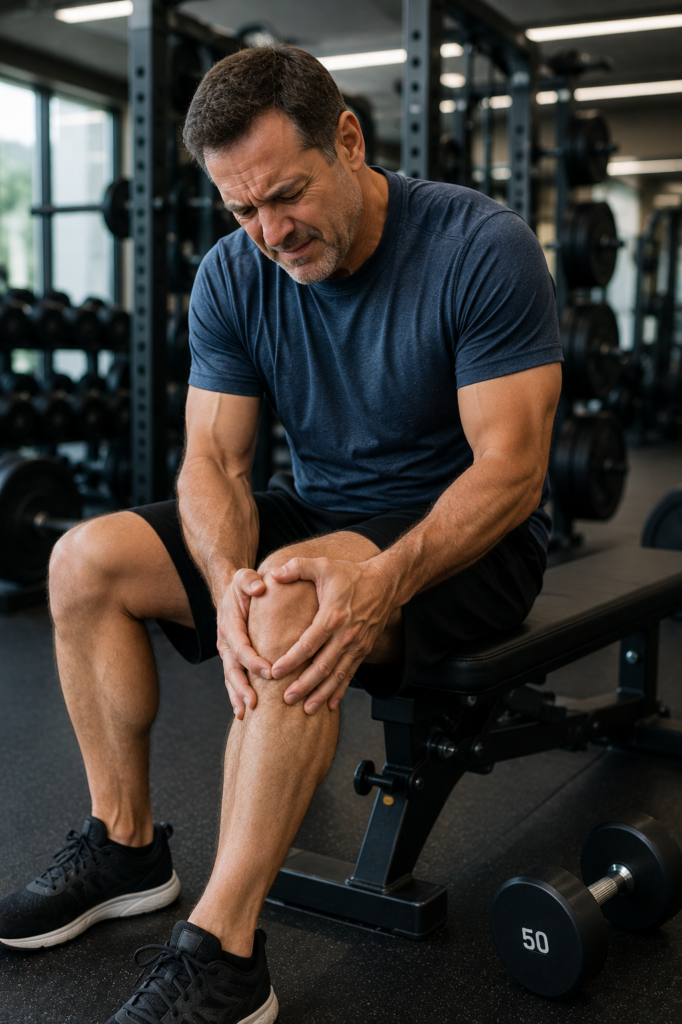 Man holding his knee in pain while in the weight room